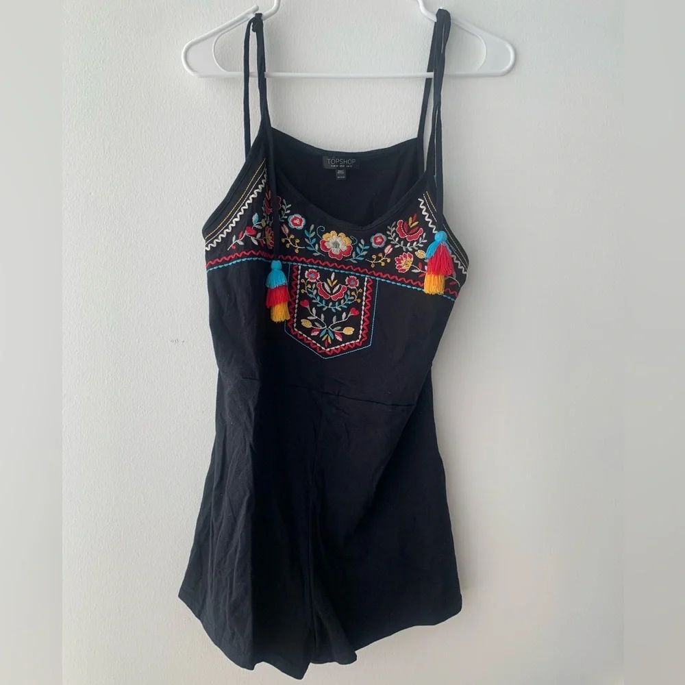 TOPSHOP Embroidered Tassel Knit Romper Black Size 8 Medium - Picture 1 of 8